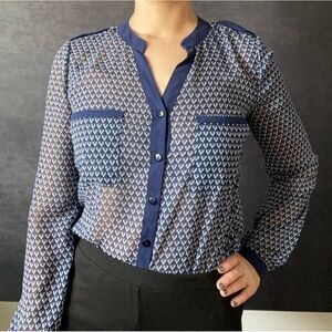 Pretty Blue Patterned Button Down Blouse